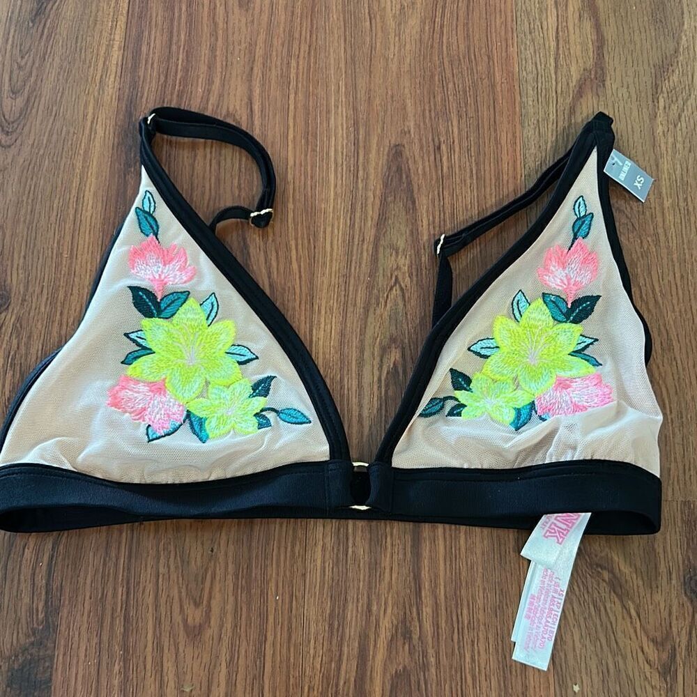 NWT PINK victoria's Secret beige mesh with embroidered flower swimsuit top XS